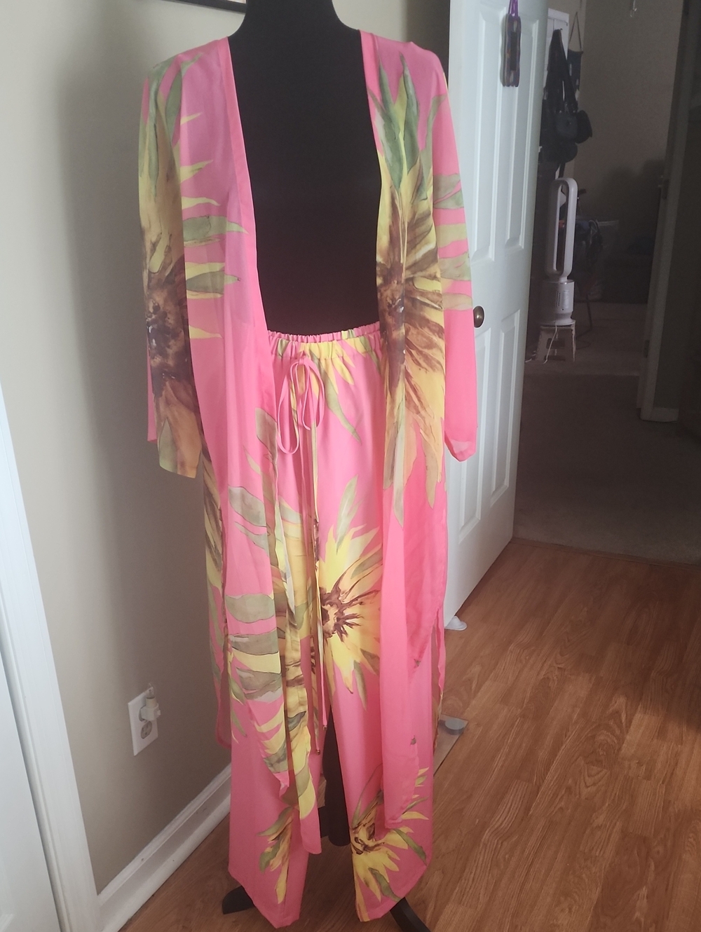 Pink Floral Maxi Duster and Pants Set